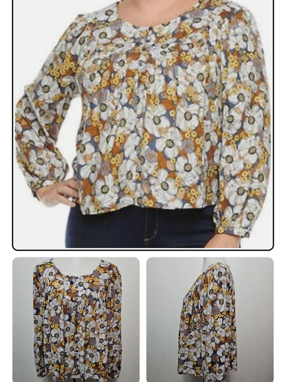 Plus-Size White Floral Long-Sleeve Blouse with Mustard Accents